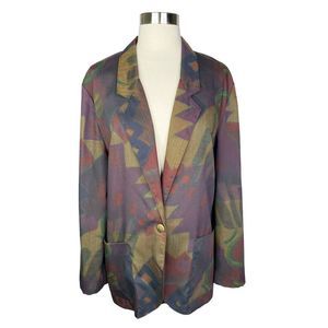 Vintage Tofy Saddle Brown Southwestern Print V-Neck Blazer - Size Large